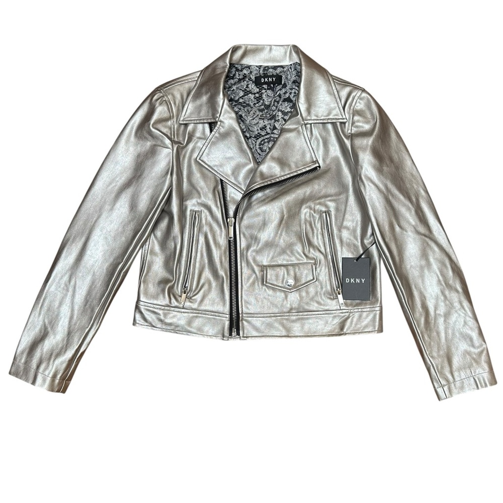 DKNY Metallic Silver Faux Leather Moto Jacket Size Medium